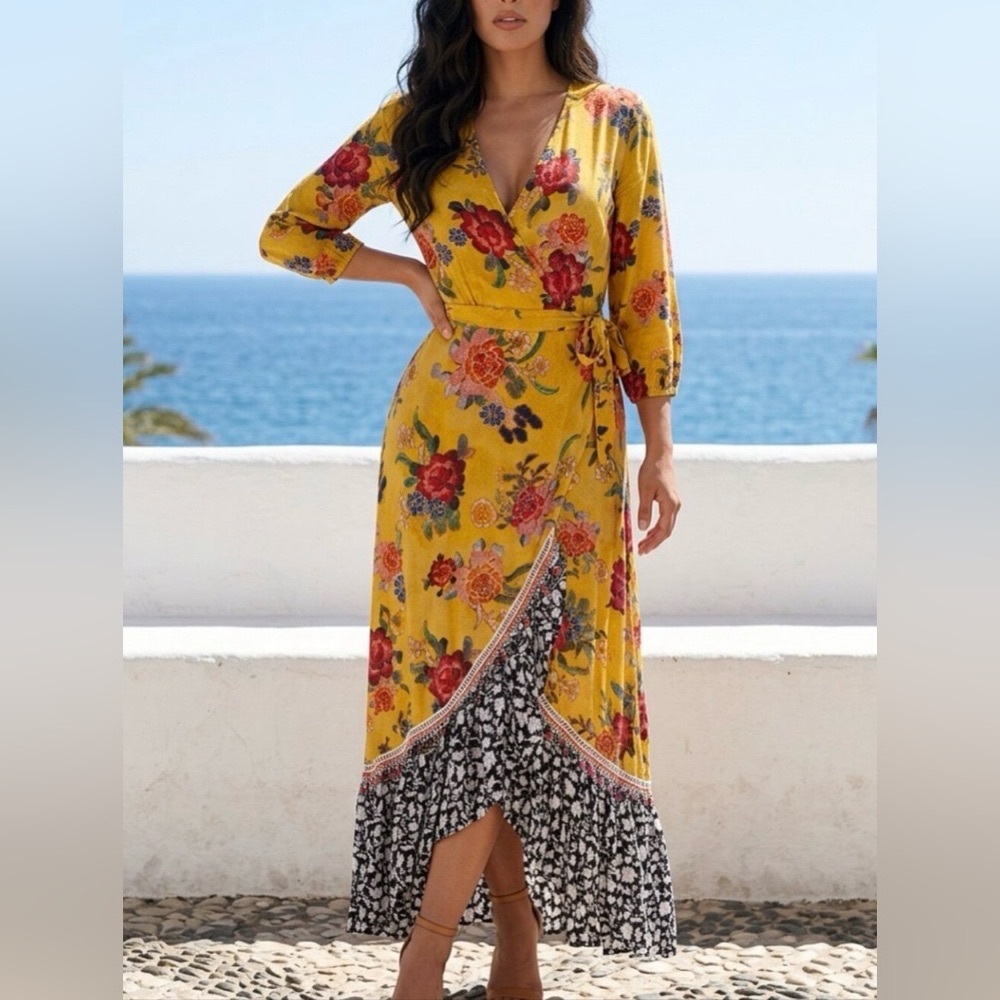 Farm Rio BOHO Yellow Floral Wrap High-Low Maxi Dress Anthropologie Medium GUC
